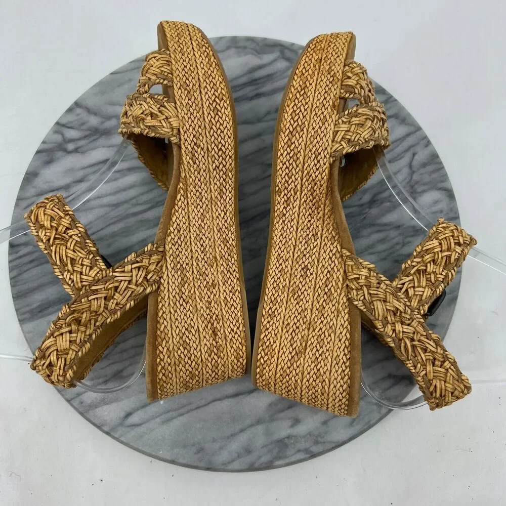 Stuart Weitzman Womens 7.5 Sandals Camel Crochet Braid Wedge Espadrille Platform - Picture 6 of 12